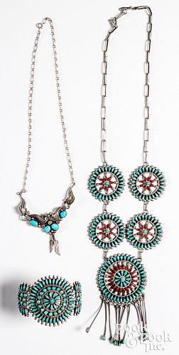 Silver and turquoise five-medallion necklace etc