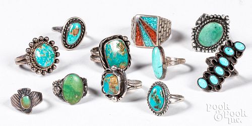 Ten Native American silver and turquoise rings