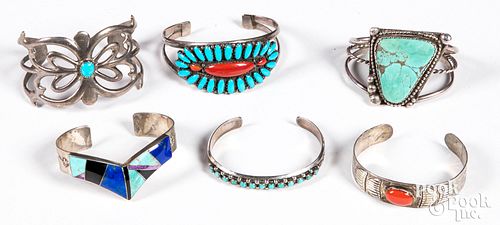 Six Native American Indian silver bracelets