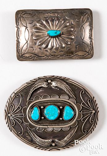 Two silver & turquoise Native American belt buckle