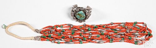 Navajo Indian silver and turquoise bracelet, etc.