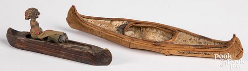 American Indian birch bark miniature kayak & canoe