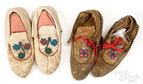 Two pairs of children's Woodland Indian moccasins