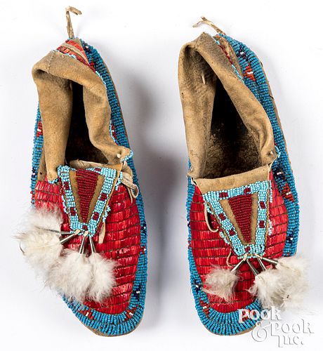 Pair of Sioux Indian beaded quill moccasins