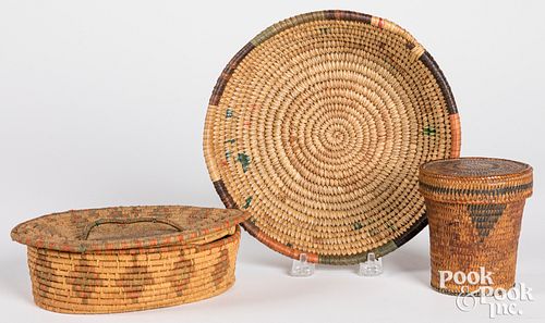 Small Tlingit Indian woven lidded basket, etc.
