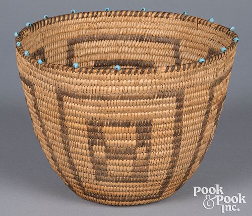 Papago Indian coiled basket beaded accents