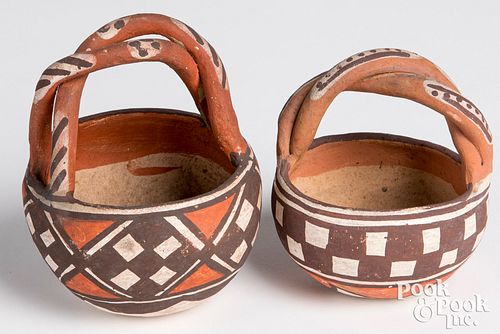Two Isleta Indian polychrome pottery baskets