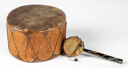 Cochiti hide drum, together with a hide rattle