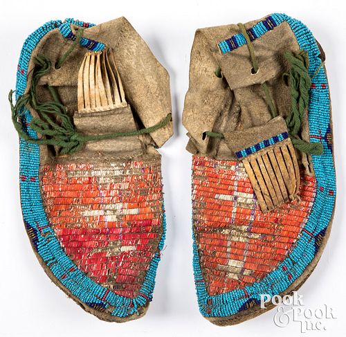 Pair Northern Plains Indian quill beaded moccasins