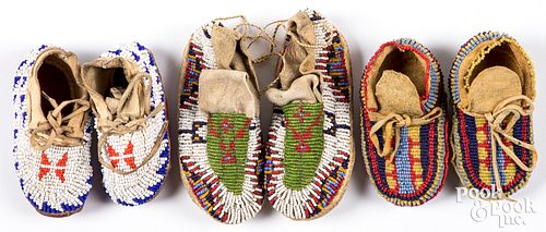 Three pairs American Indian beaded childs moccasin