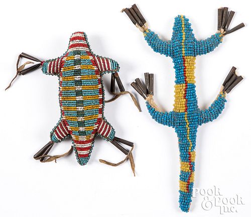 Two Native American Indian beaded fetish lizards