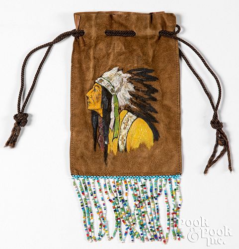 Native American Indian leather pull string pouch