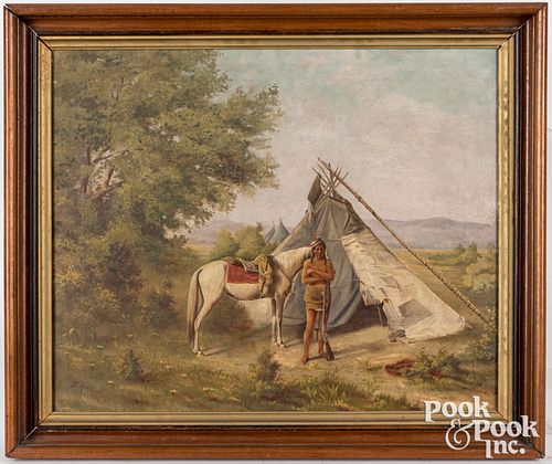 Oil on canvas landscape Native American Indian