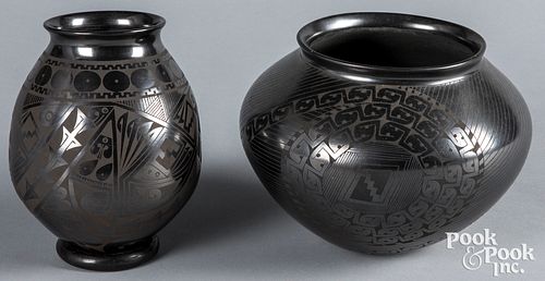 Two pieces of Mata Ortiz black on black pottery