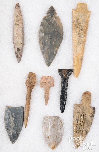 Nine various flint items, to include points, etc
