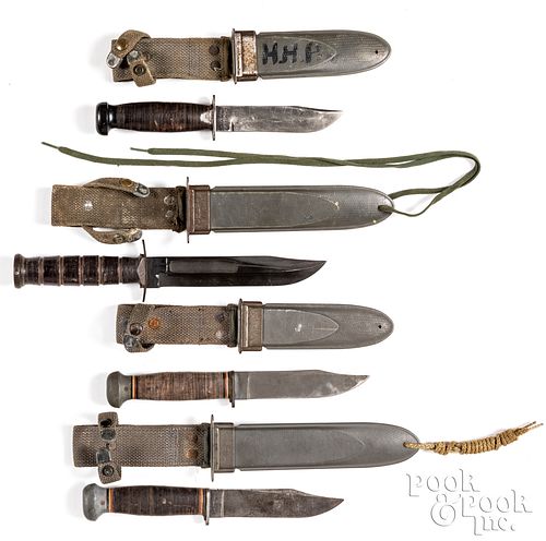 Four US fighting knives with sheaths