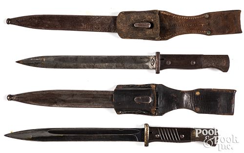 Two WWII K98 bayonets, scabbard and frog