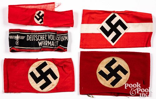 Five German WWII arm bands, one Hitler Youth