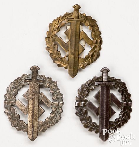 Three German WWII SA sports badges, two in silver