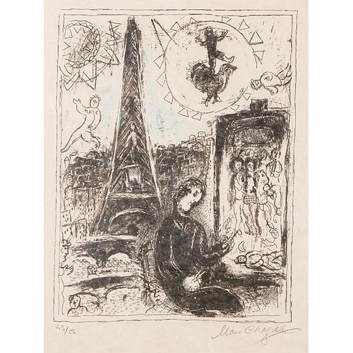 Marc Chagall Lithograph, The Painter At The Eiffel Tower