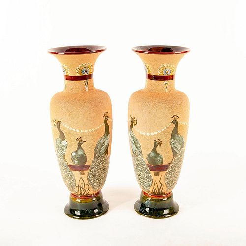 Pair of Doulton Lambeth Florence Barlow Vases, Peacocks