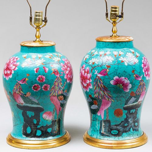 Pair of Chinese Turquoise Ground Jars Mounted as Lamps