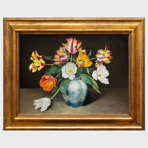 JosÃ© Escofet (b. 1930): Blue and White Vase of Tulips