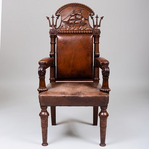 Large Late Regency Carved Mahogany and Leather 'Master and Commander' Chair 