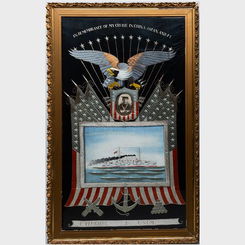 Japanese Export Silk and Metallic Thread Embroidered Picture of the USS Pennsylvania