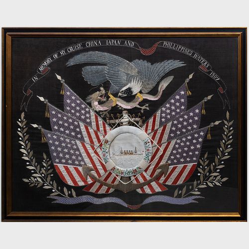 Large Japanese Export Silk and Metallic Thread Embroidered Panel, 'In Memory of my Cruise China, Japan and Philippines Waters, 1907, E. Pluribus Unum'