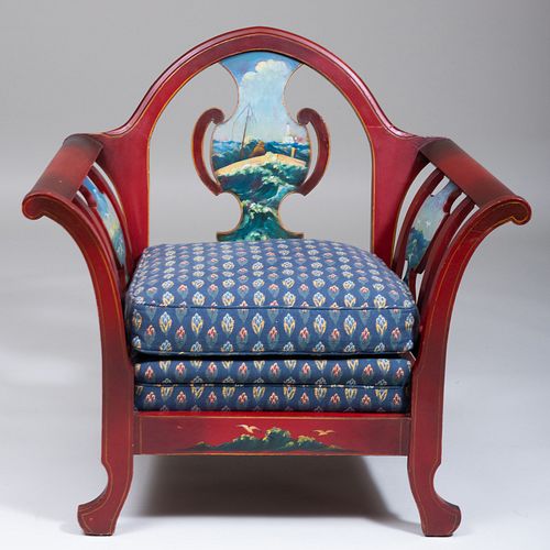 American Iron Red and Polychrome Painted Captain's Chair
