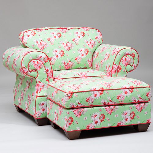 Floral Linen Upholstered Club Chair and Ottoman