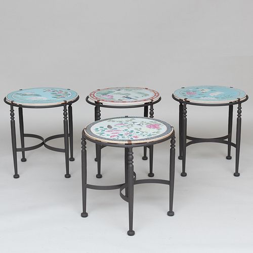 Set of Four Chinese Porcelain Circular Tiles Mounted as Tables 