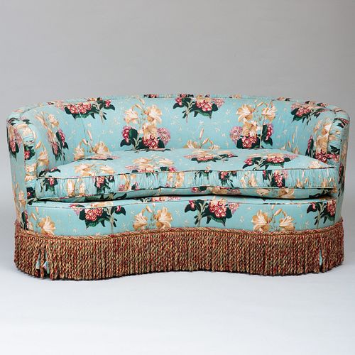 Blue Floral Linen Upholstered Kidney-Shaped Sofa