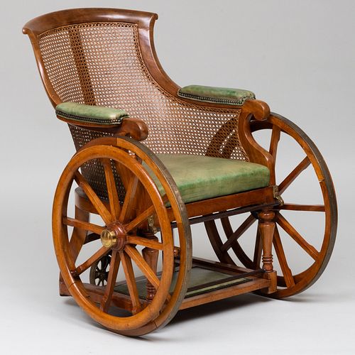Victorian Bleached Mahogany, Caned and Leather Wheel Chair