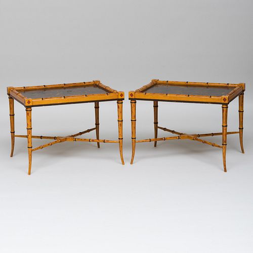 Pair of Regency Style Black Painted and Parcel-Gilt Faux Bamboo Low Tables, Stamped Clem Cardona