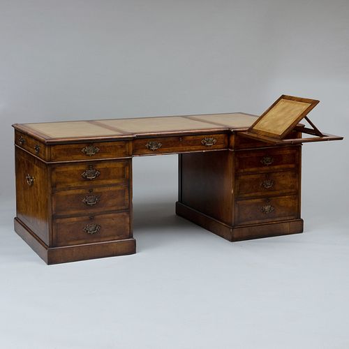 George III Style Inlaid Burl Walnut and Leather Partner's Desk, Smith and Watson, of Recent Manufacture