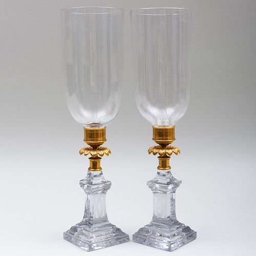 Pair of Gilt-Metal-Mounted Etched Glass Photophores