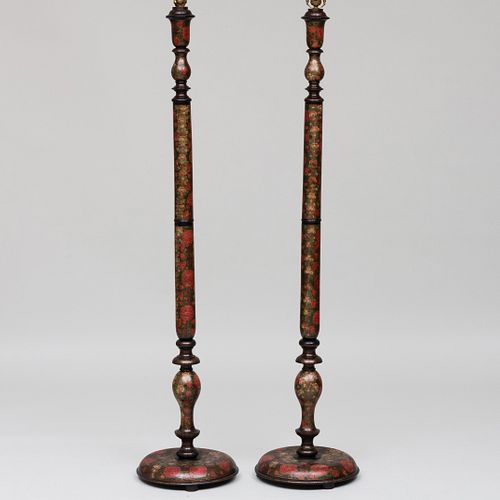 Pair of Indian Painted Floral Floor Lamps, in the Kashmiri Style