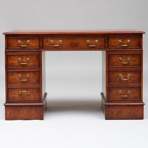 George III Style Burl Walnut Kneehole Desk, of Recent Manufacture