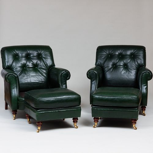 Pair of Green Leather Club Chairs and Ottomans, Scully & Scully