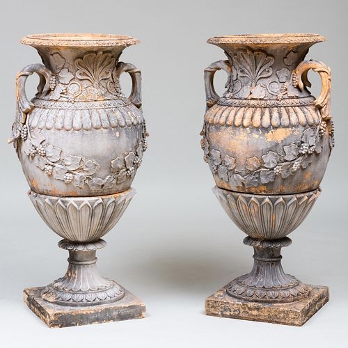 Pair of Large Italian Grey Painted Terracotta Garden Urns, After the Antique