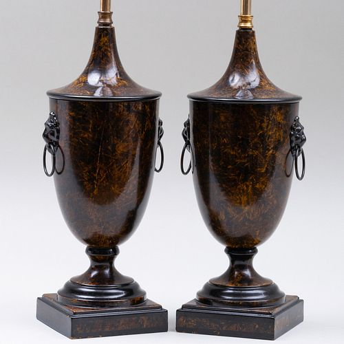 Pair of English Faux Tortoiseshell Painted TÃ´le Lamps