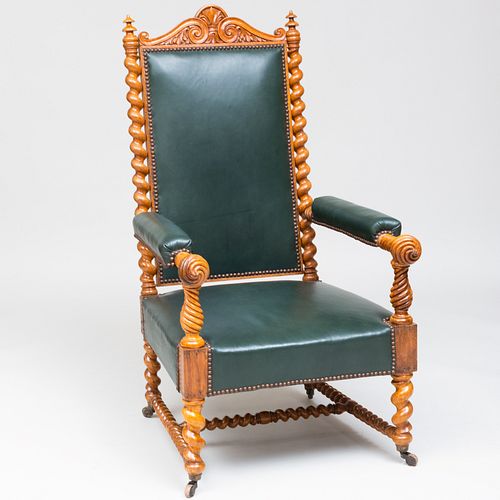 Victorian Carved Oak and Leather Tall Back Armchair