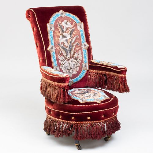 Victorian Beadwork and Velvet Upholstered Armchair