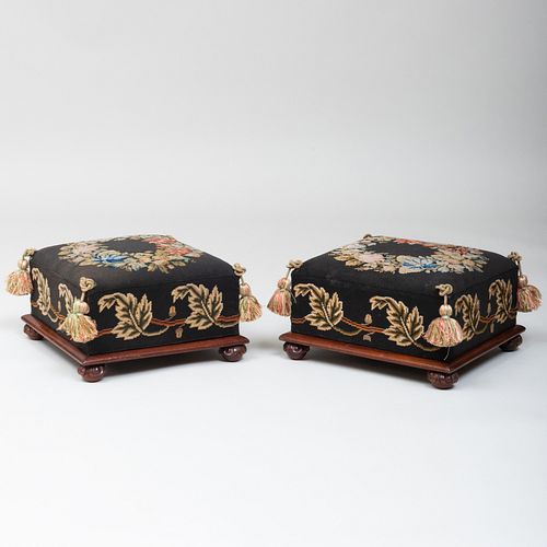 Pair of Victorian Needlework and Mahogany Foot Stools with Tassels