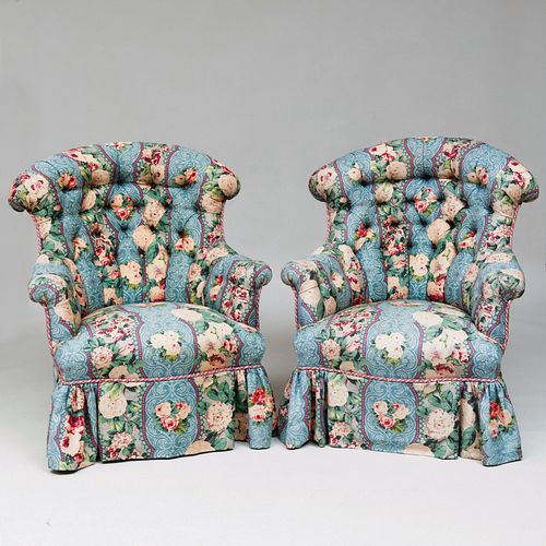 Pair of Floral Linen Tufted Upholstered Club Chairs