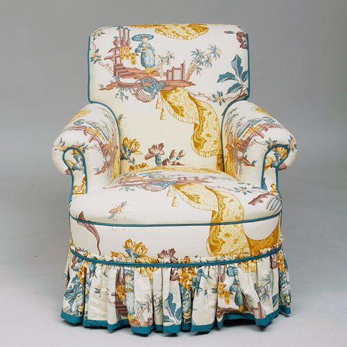 Linen Upholstered and Skirted Club Chair