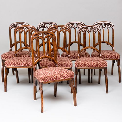 Set of Eight Victorian Neo-Gothic Oak Dining Chairs, stamped Saunders and Woolley 