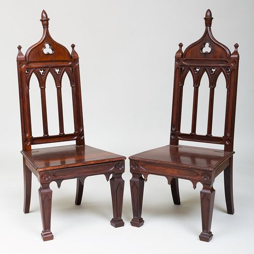Pair of Victorian Neo-Gothic Carved Rosewood Hall Chairs